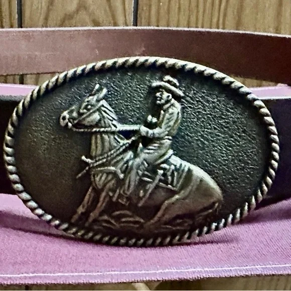western • leather belt brass interchangeable buckle cowboy horse vintage-style - Picture 6 of 6